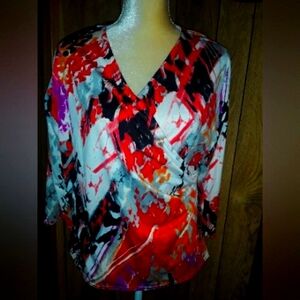 Womans Size Medium Blouse Midsleeved Multicolored Shirt Loosefit V-Neck Top